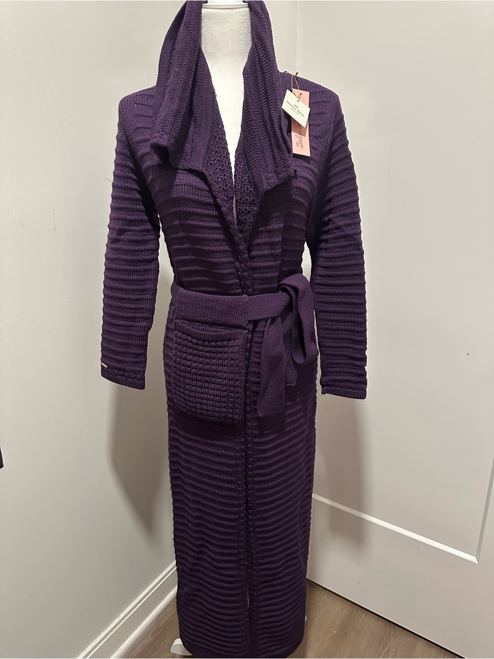 New Fashion Women Long Purple Textured Knit Cardigan with Belt, M